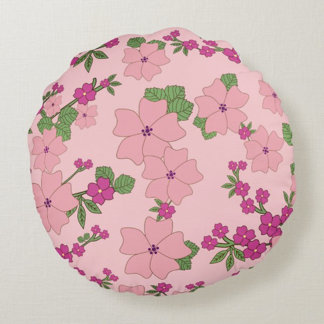 Blommönster, pastellviolett och rosa, rund kudde (Baksidan)