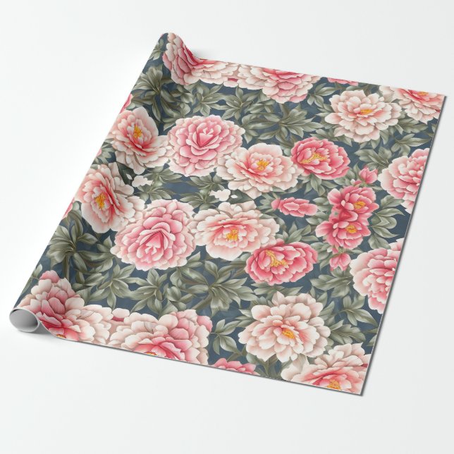 Blommönster Peony Flowers Presentpapper (Utrullad)