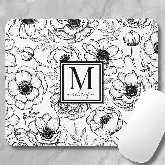 Blommönster Personlig Feminint Monogram Musmatta (Personalized Feminine Floral Pattern Mouse Pad)