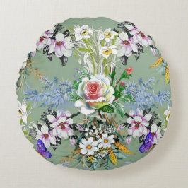 Blommönster Ro Wildblommor Grönt Rund Kudde