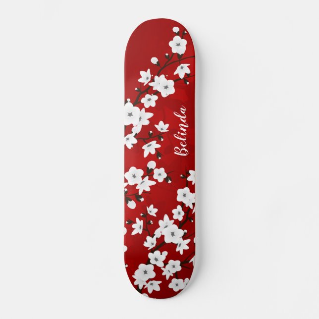 Blommönster  Röd Vit Körsbärsblom Monogram Mini Skateboard Bräda 18,5 Cm (Framsida)