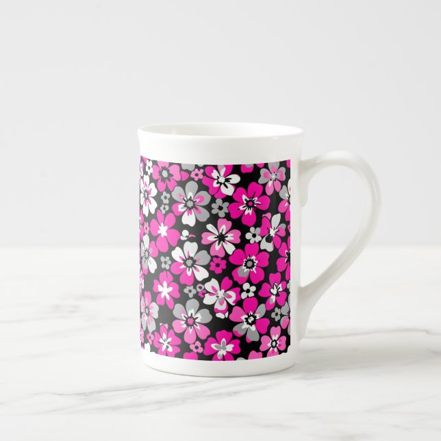 Blommönster Rosa Grått Vitt Svart  Benporslin Mugg (Höger)