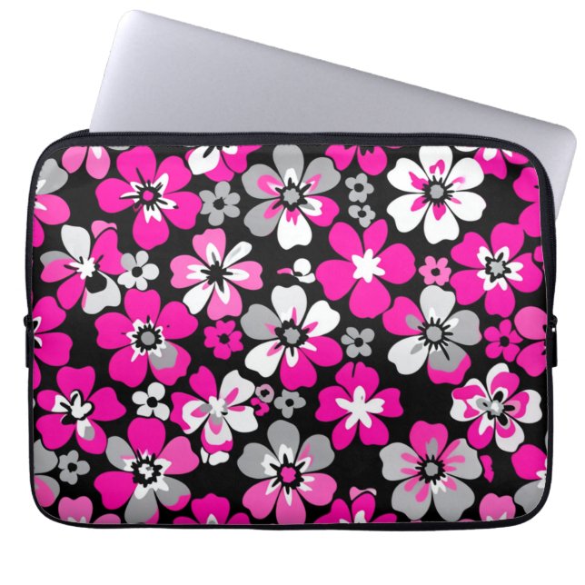 Blommönster Rosa Grått Vitt Svart  Laptop Fodral (Framsidan)