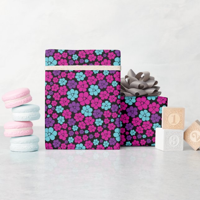 Blommönster - Rosa, Lila, Blå och Svart Presentpapper (Baby Shower)