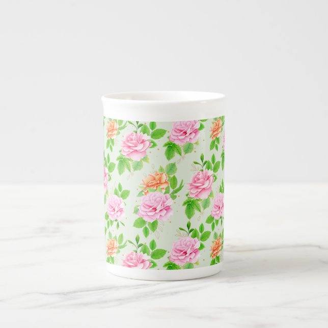 Blommönster Rosa Rosor Benporslin Mugg (Framsidan)