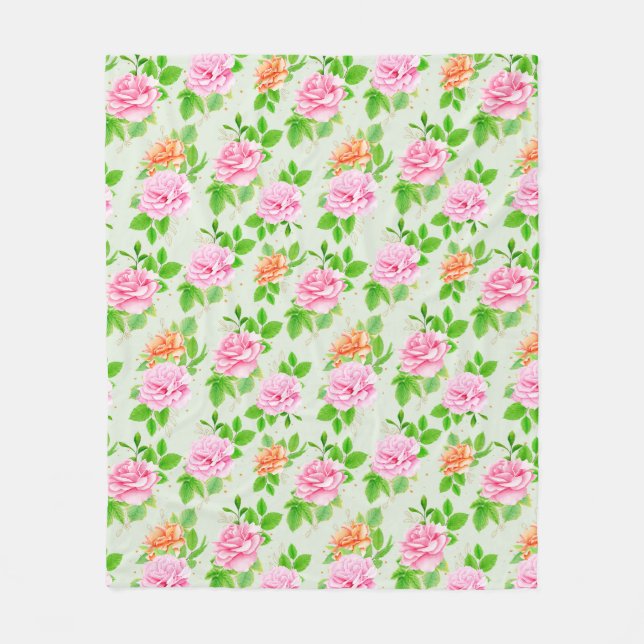 Blommönster Rosa Rosor Fleecefilt (Framsidan)