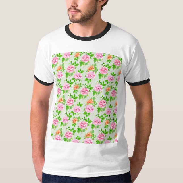 Blommönster Rosa Rosor Mönster-23670 T Shirt (Framsida)