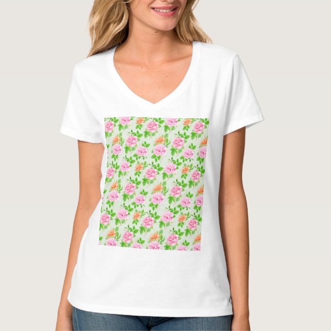 Blommönster Rosa Rosor Mönster-23670 T Shirt (Framsida)