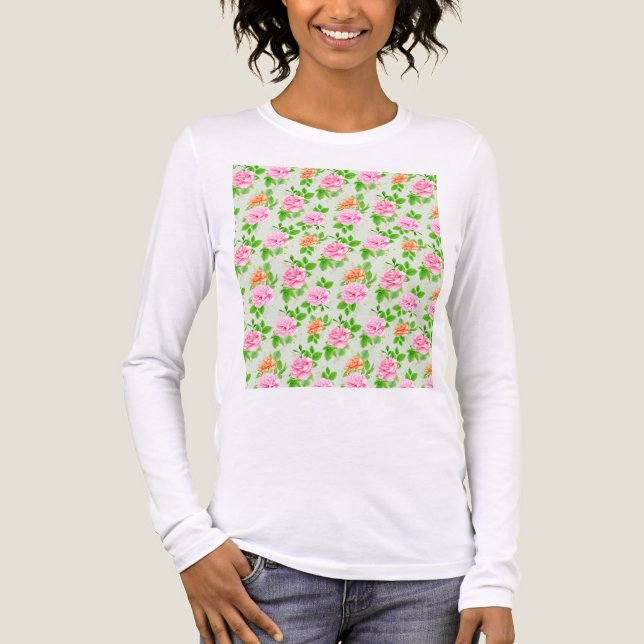 Blommönster Rosa Rosor T Shirt (Framsida)