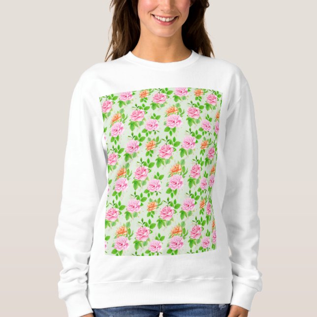 Blommönster Rosa Rosor T Shirt (Framsida)