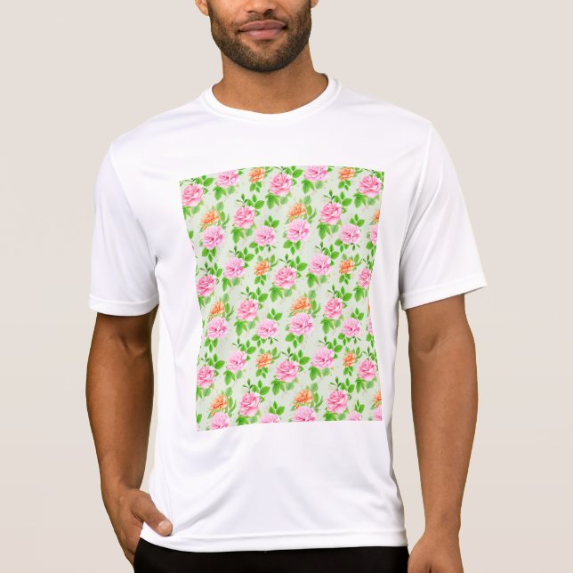 Blommönster Rosa Rosor T Shirt (Framsida)