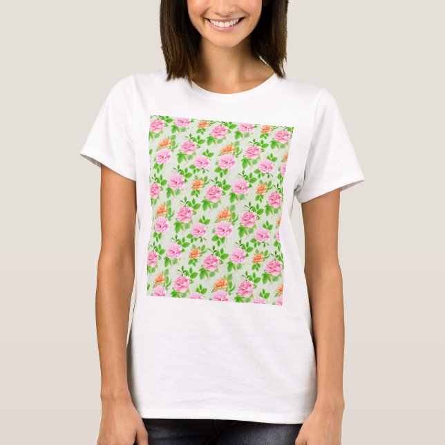 Blommönster Rosa Rosor T Shirt (Framsida)