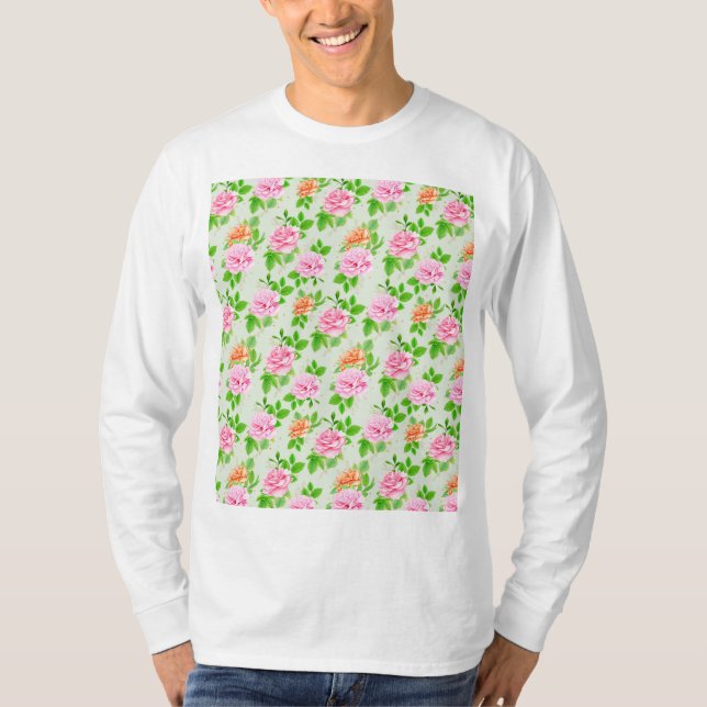 Blommönster Rosa Rosor T Shirt (Framsida)