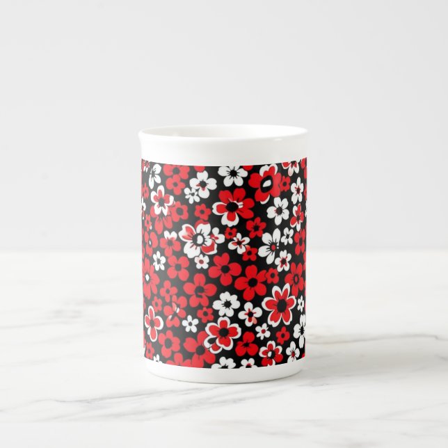 Blommönster Rött och Vitt  Benporslin Mugg (Framsidan)