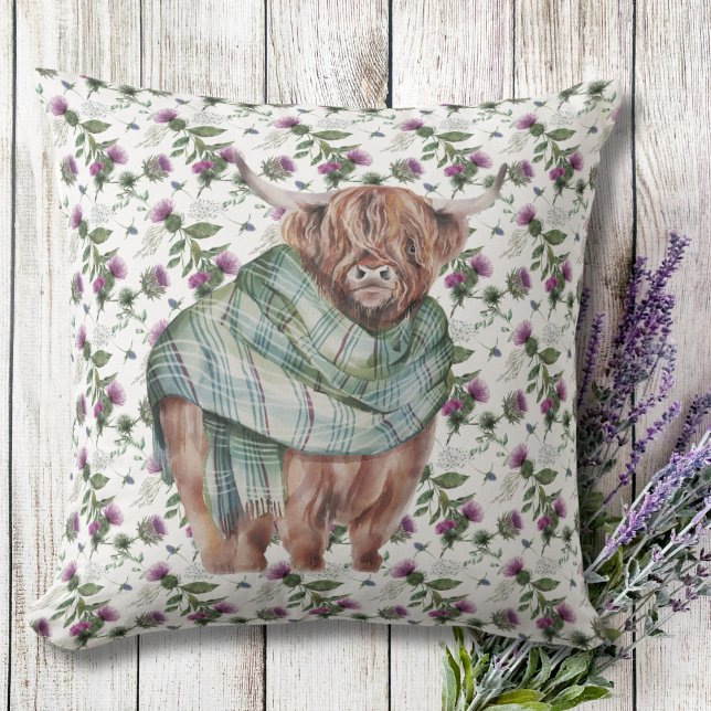 Blommönster Scottish Thistle Highland Cow White Kudde (Floral Pattern Scottish Thistle Highland Cow White Throw Pillow)
