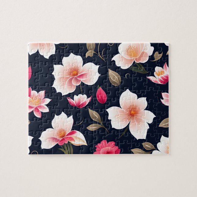 Blommönster Söta Vita och Rosa Blommor Pussel (Horisontell)