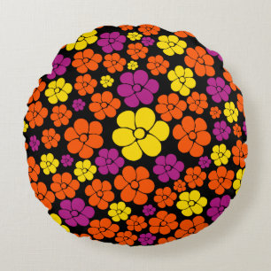 Blommönster - Svart, Rosa, Orange och Gult Rund Kudde