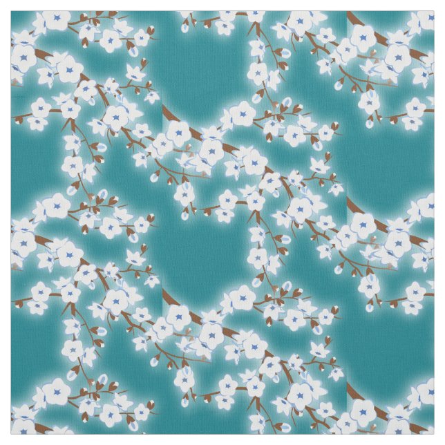 Blommönster Teal White Cherry Blommar  Teal Tyg (Provkarta)