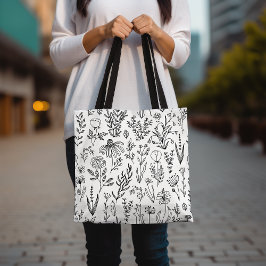 Blommönster Tote Bag, Black and White Tote Bag Tygkasse