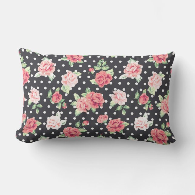 Blommönster White Polka-punkt på svart bakgrund Lumbarkudde (Framsida)