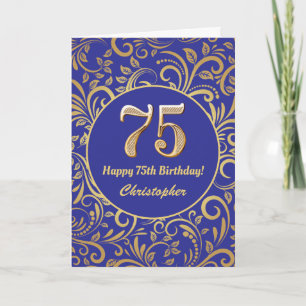 Blommönstret 75:e Birthday Navy Blue och Guld Kort