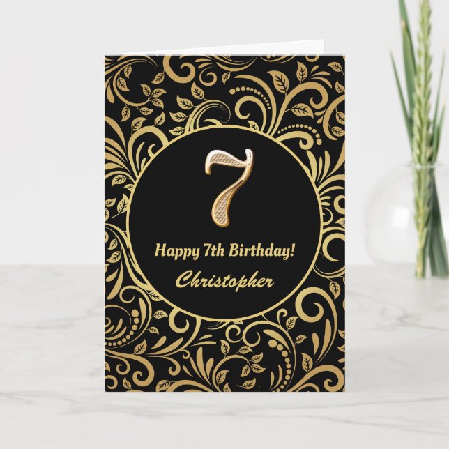 Blommönstret 7:e Birthday Black och Guld Kort (Framsida)