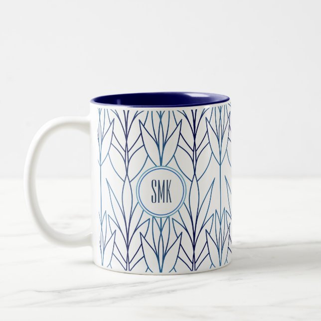 Blommönstret Art Deco Elegant Löv Blue Leafy Två-Tonad Mugg (Vänster)