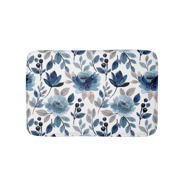 Blommönstret Bath Mat i marinen Blue Berry Rosor Badrumsmatta (Framsidan)