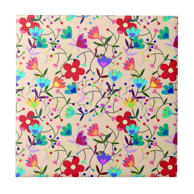 Blommönstret Beige Background Colorful Kakelplatta (Framsidan)
