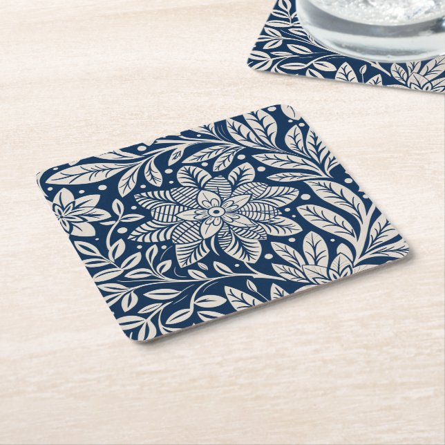 Blommönstret Blå och vit Vintage Underlägg Papper Kvadrat (Vinklad)