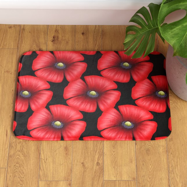 Blommönstret Black and Red Poppy Modern Badrumsmatta (Perfect poppy pattern bath mat to pop in your bathroom)