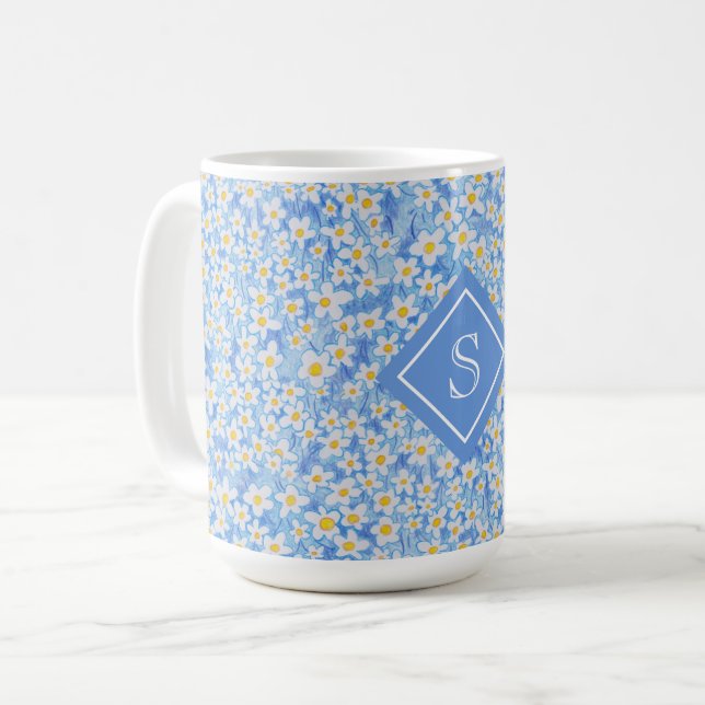 Blommönstret Blått Daisy, Monogram Kaffemugg (Framsida vänster)