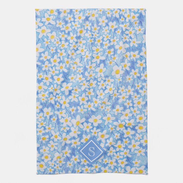 Blommönstret Blått Daisy, Monogram Kökshandduk (Vertikal)