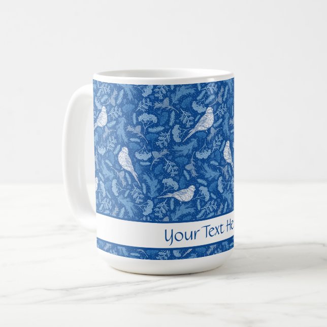 Blommönstret Blåvita och vintervita fåglar Kaffemugg (Framsida vänster)