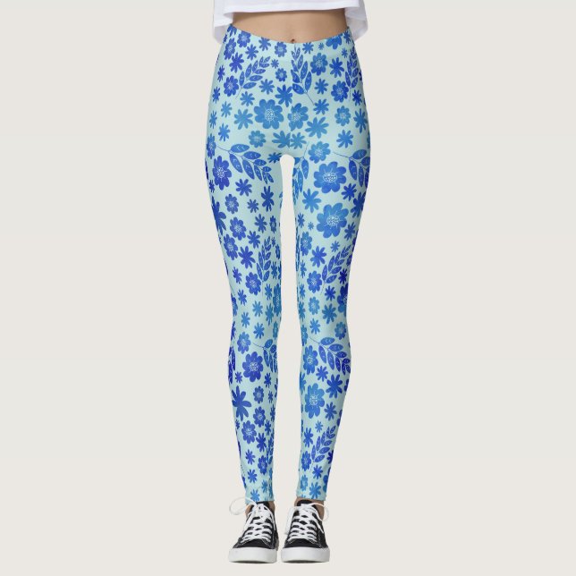 Blommönstret Blue China Hand plockade Leggings (Framsida)