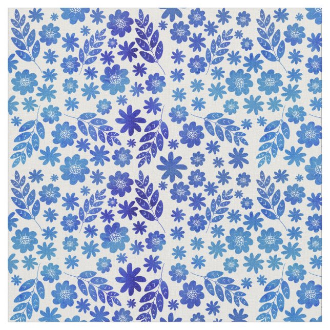 Blommönstret Blue China Hand plockade Tyg (Närbild)