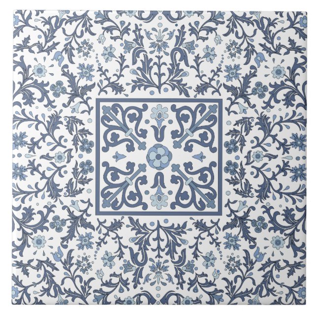 Blommönstret Blue Finare Graphic Kakelplatta (Framsidan)