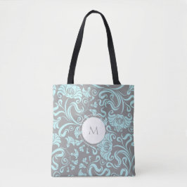 Blommönstret Blue Grått Vintage Monogram Tote Bag Tygkasse