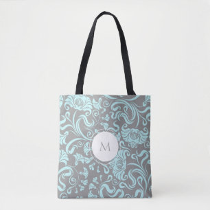 Blommönstret Blue Grått Vintage Monogram Tote Bag Tygkasse