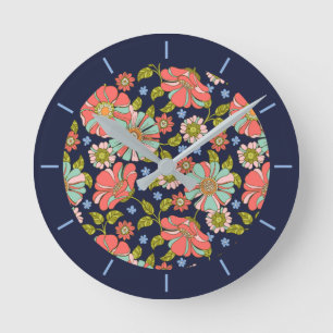 Blommönstret Blue Retro 70s Rund Klocka