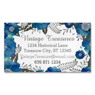 Blommönstret Blue Rustic Watercolor Magnetiska Visitkort