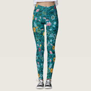 Blommönstret Blue Teal Grönt Red Rosa Gult Leggings