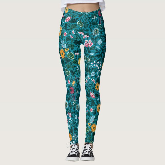 Blommönstret Blue Teal Grönt Red Rosa Gult Leggings (Framsida)