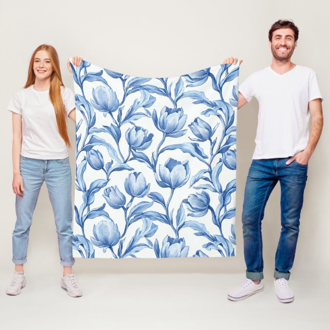 Blommönstret Blue Tulip vintage Fleecefilt (På plats)