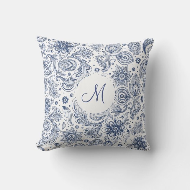 Blommönstret Blue Vintage Monogram Pillow Kudde (Framsida)