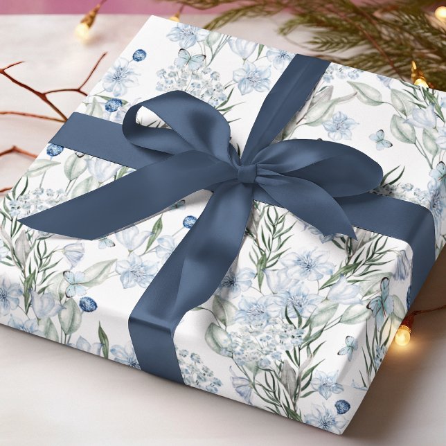 Blommönstret Blue White Butterfly Watercolor Presentpapper (Skapare uppladdad)