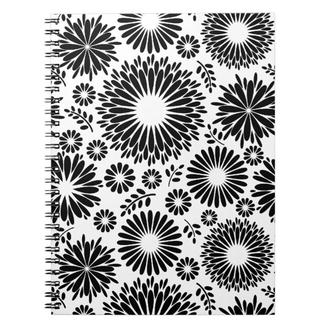 Blommönstret Boho-blommor, svart och vitt Anteckningsbok Med Spiral (Framsidan)