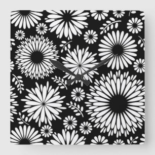 Blommönstret Boho-blommor, svart och vitt Fyrkantig Klocka