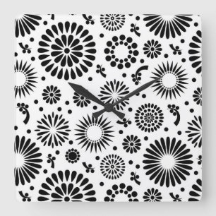 Blommönstret Boho-blommor, svart och vitt Fyrkantig Klocka