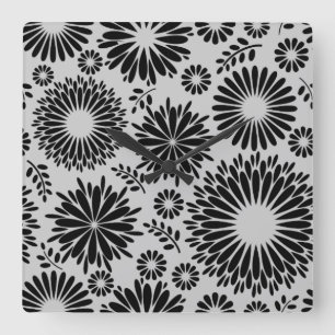 Blommönstret Boho-blommor, svart och vitt Fyrkantig Klocka